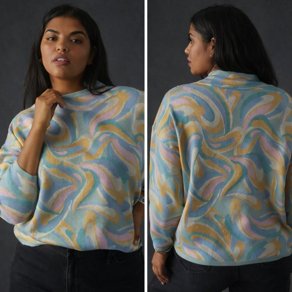 Maeve Anthropologie Carys Swirl Mock Neck Sweater Sky Blue Pastel M - Picture 2 of 6